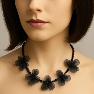 Erica Lyons Black Beaded Necklace with Mesh Flowers – Elegant & Chic Jewelry